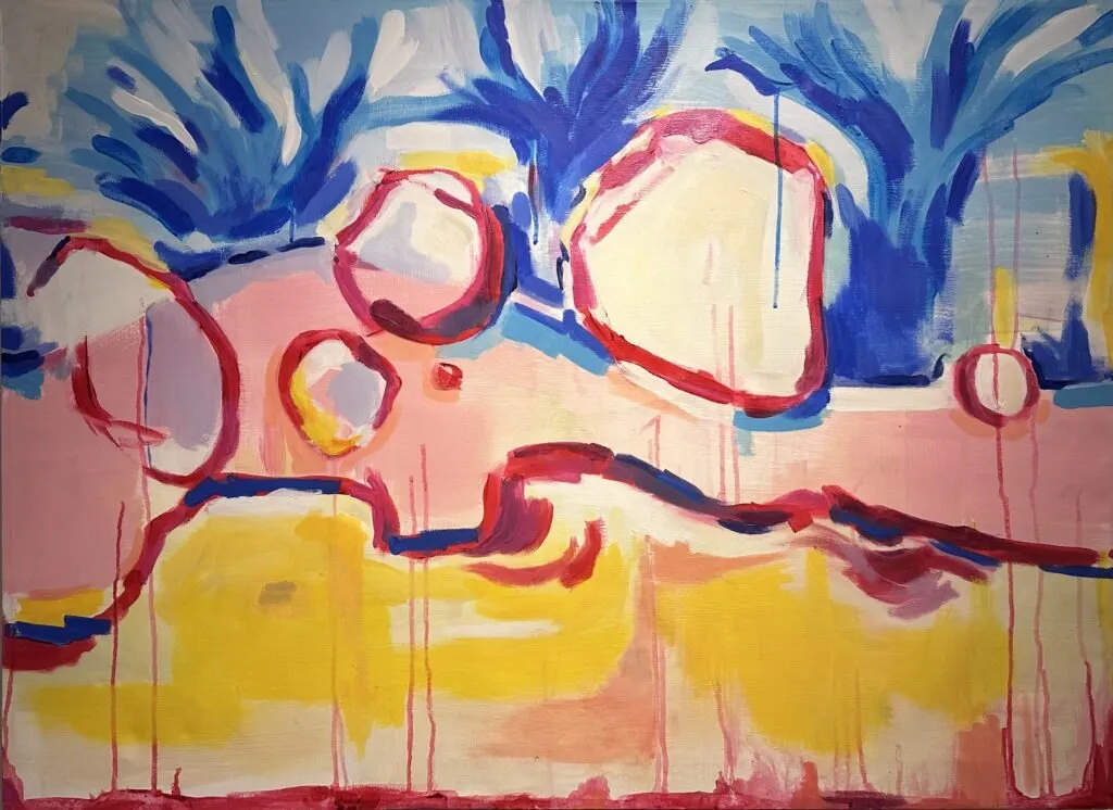 „Sprudeln“ von Anna Collet, Acryl auf alter Leinwand (grundiert 90er Jahre), 107×78 cm, 2022