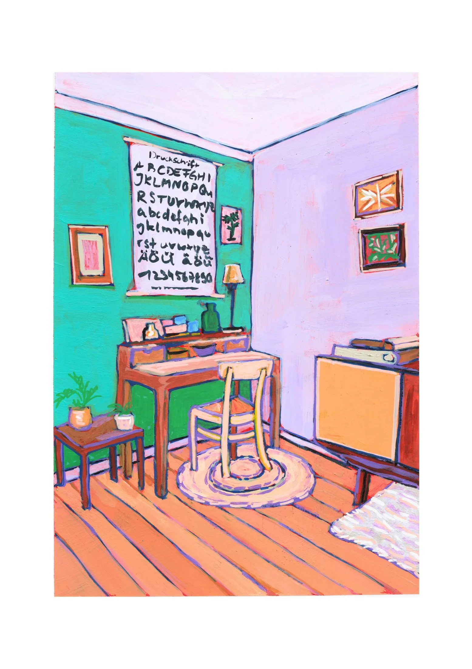 „Wohnzimmer (R.)“ von Anna Collet, Acryl auf Papier, 17×23,5 cm, 2025