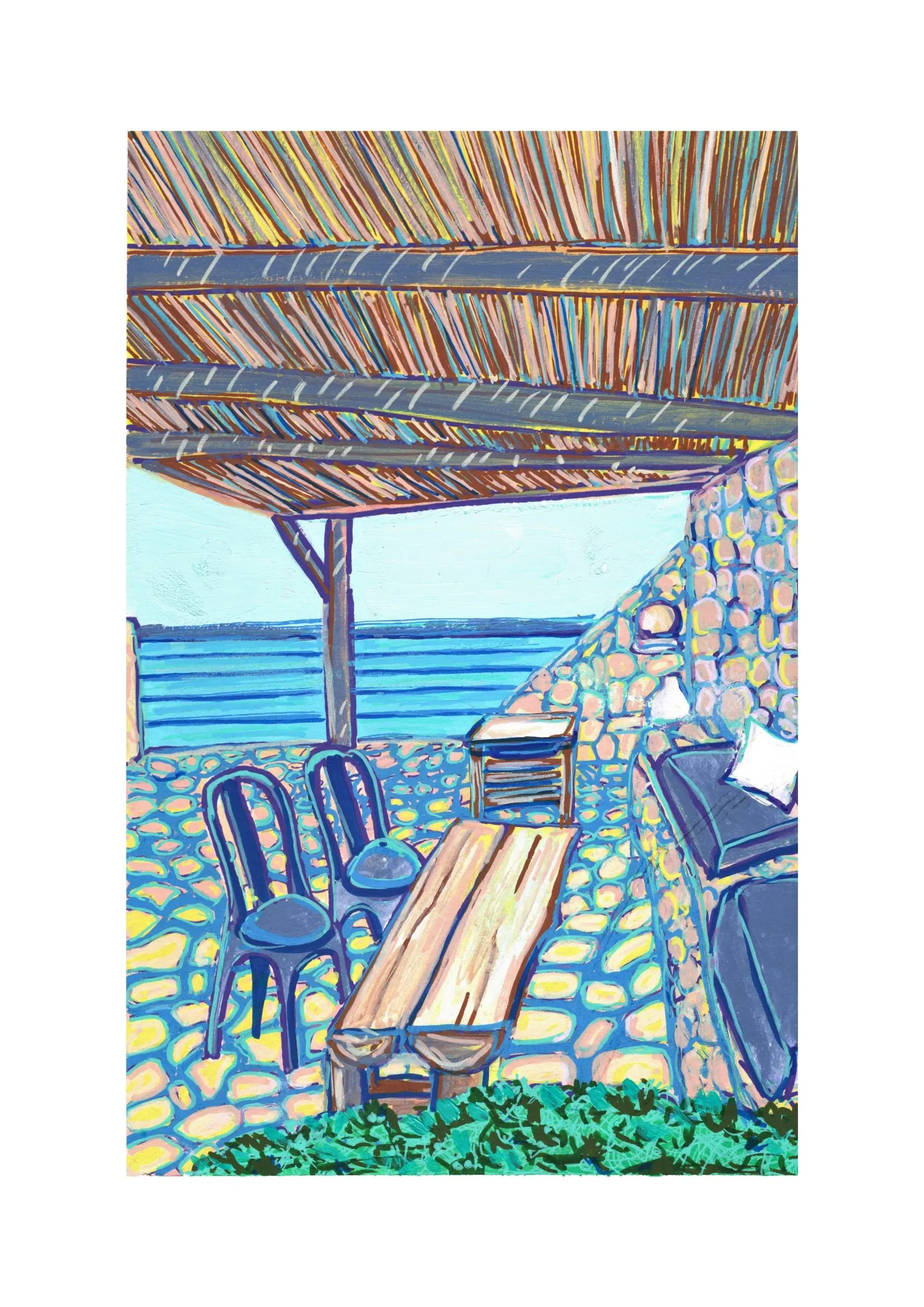 „Taverna Xigia“ von Anna Collet, Acryl/ Acrylstifte auf Papier, 16×23,5 cm, 2025