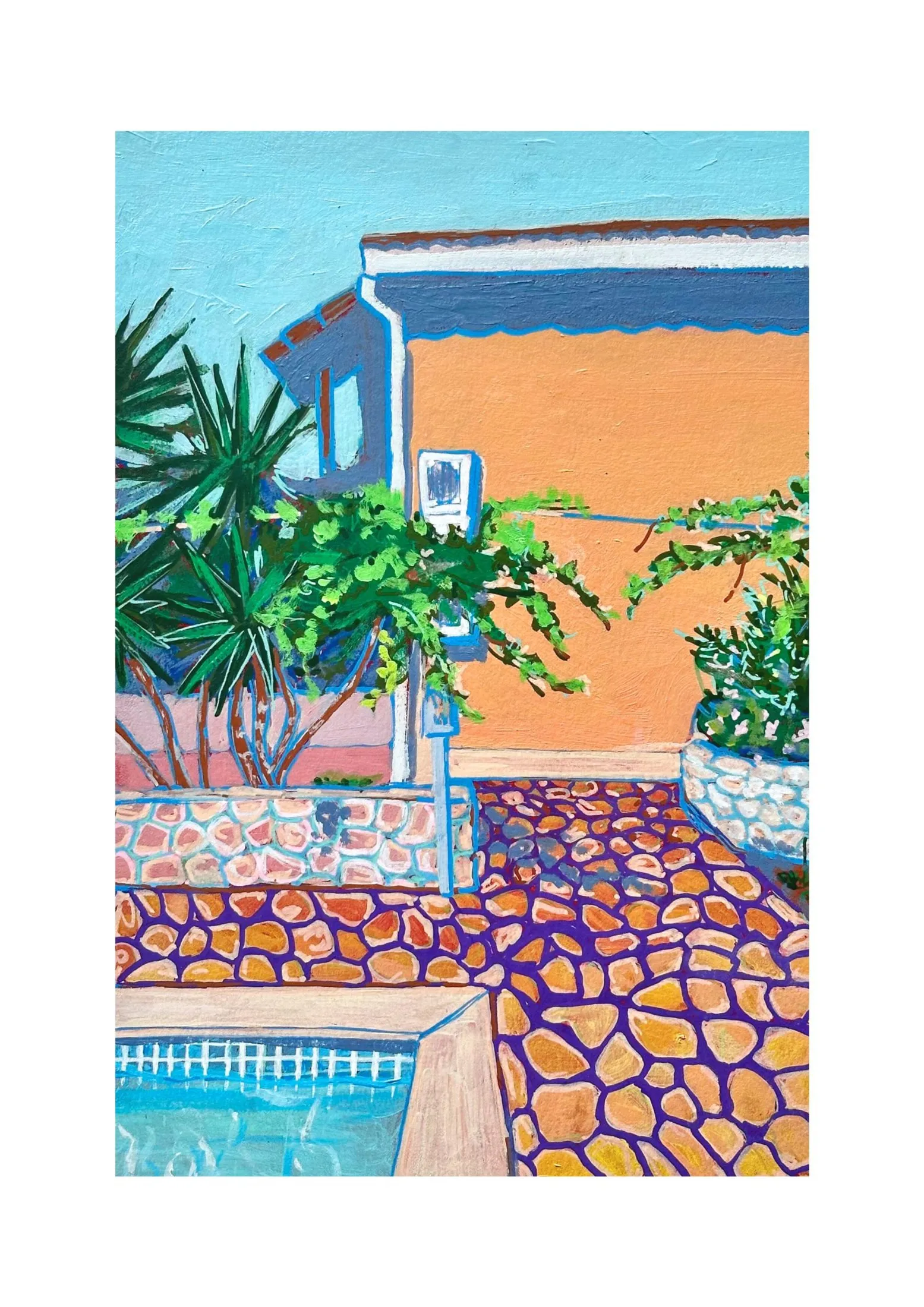 „Logos House“ von Anna Collet, Acryl/ Acrylstifte auf Papier, 17×23,5 cm, 2025