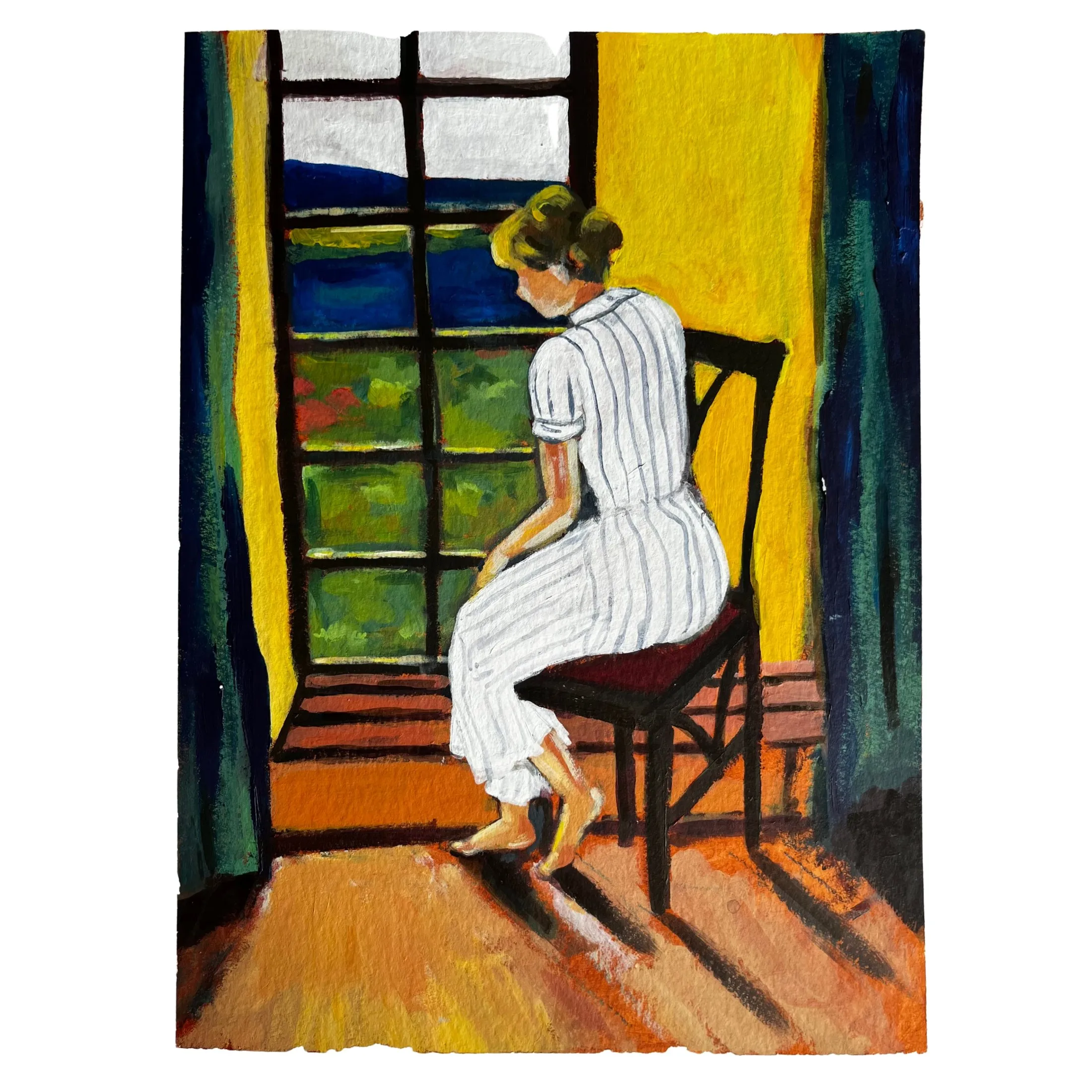 „Sie sitzt da immer noch 1“ von Anna Collet, Acryl auf Papier, ca. 33×42 cm, 2024