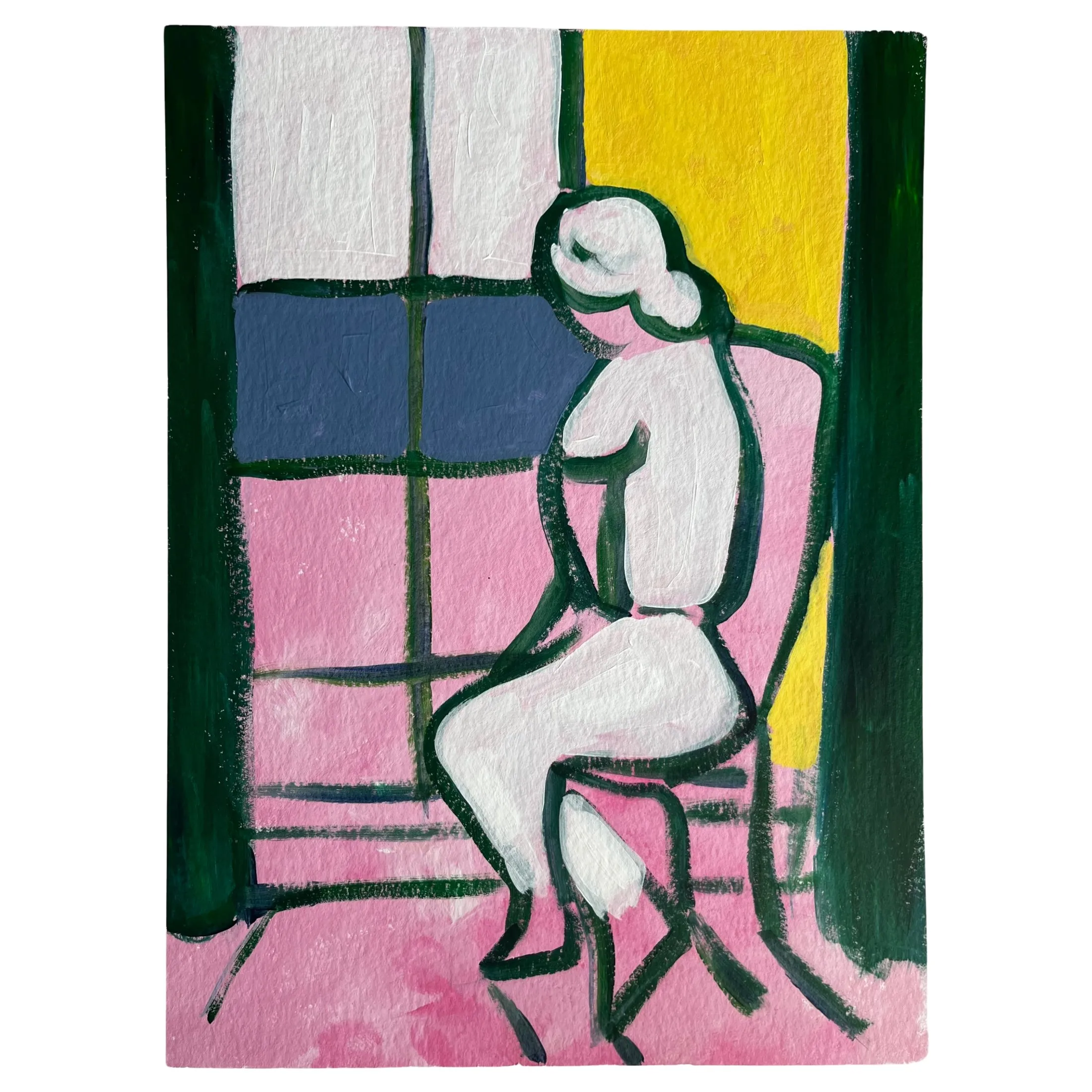 „Sie sitzt da immer noch 3“ von Anna Collet, Acryl auf Papier, ca. 33×42 cm, 2024