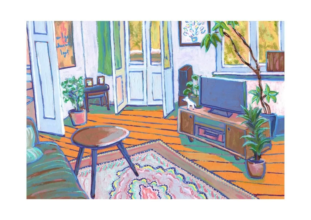 „Wohnzimmer Berlin“ von Anna Collet, Acryl auf Papier, 23,5×17 cm, 2025
